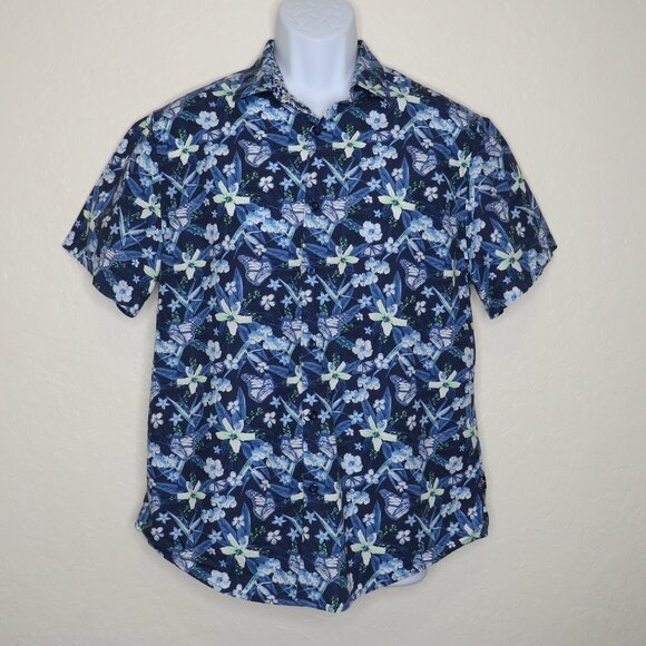 Denim & Flower*‎ Men's Short Sleeve Button Down Curved Hem Floral Shirt~ Large - Picture 1 of 11